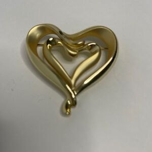 Vintage Brooch Gold Tone Double Hearts  Love Ribbon Pin 2"